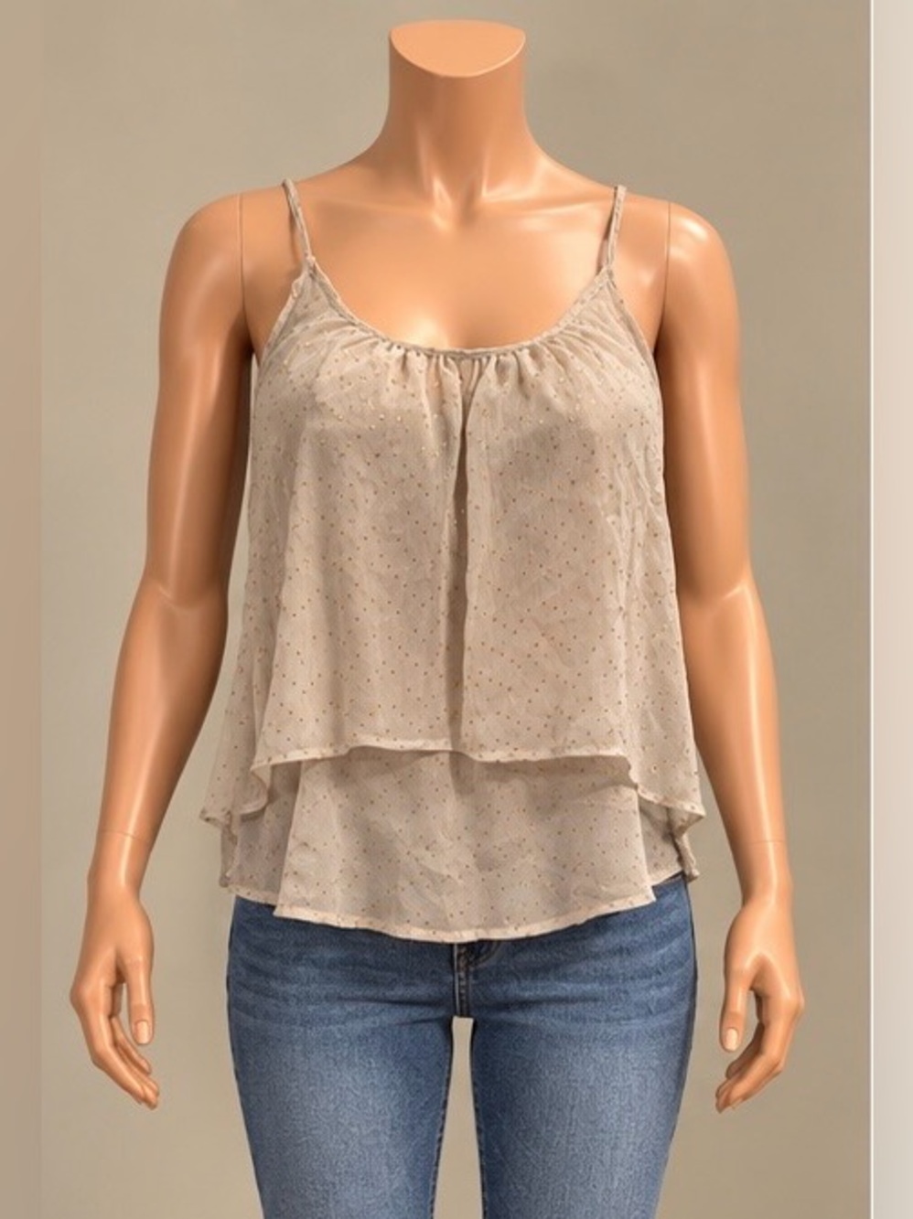 GUESS Tan Gold Metallic Dot Layered Chiffon Cami Tank Top XS